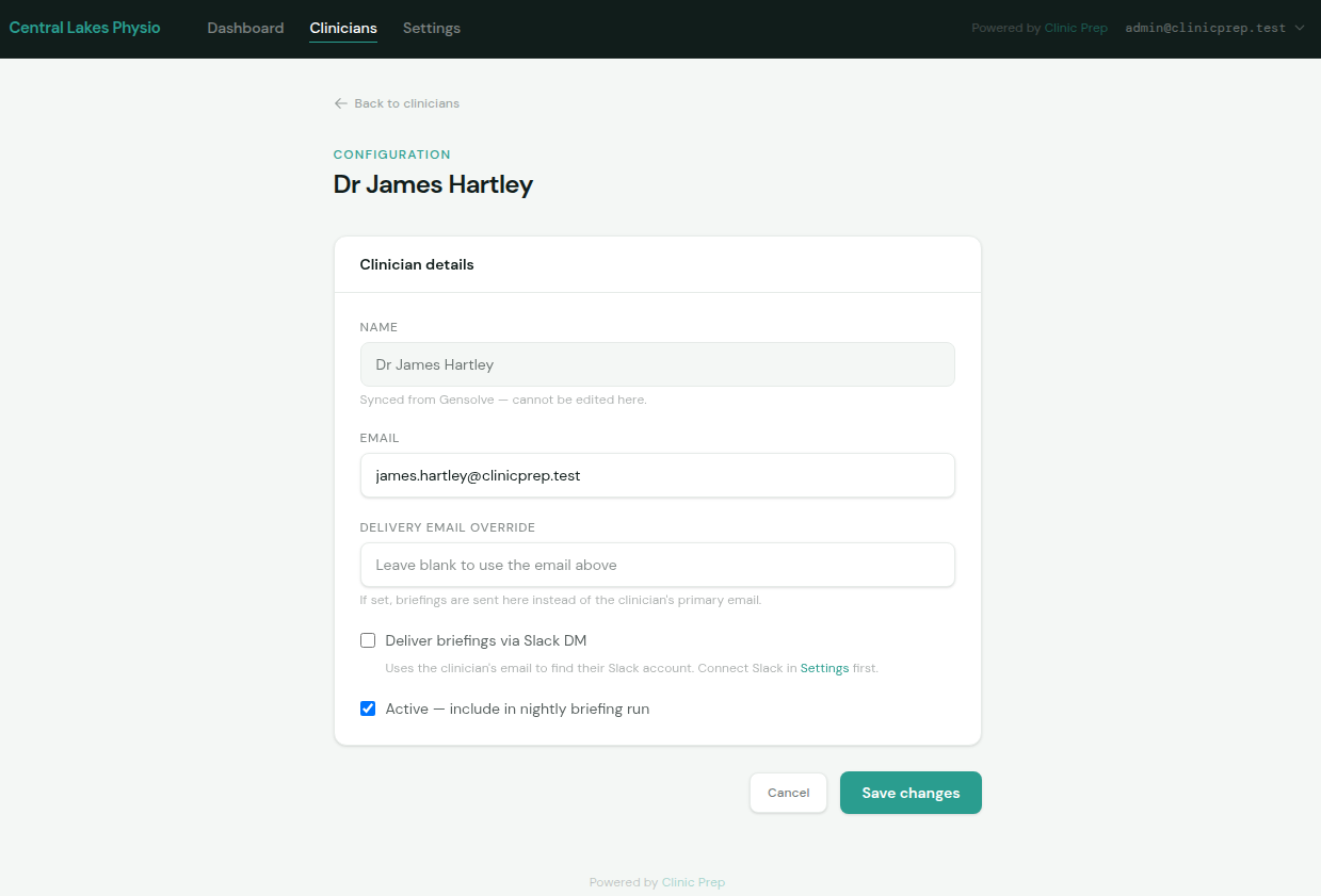 Clinician edit form showing name, email, delivery email override, Slack DM checkbox, and active checkbox