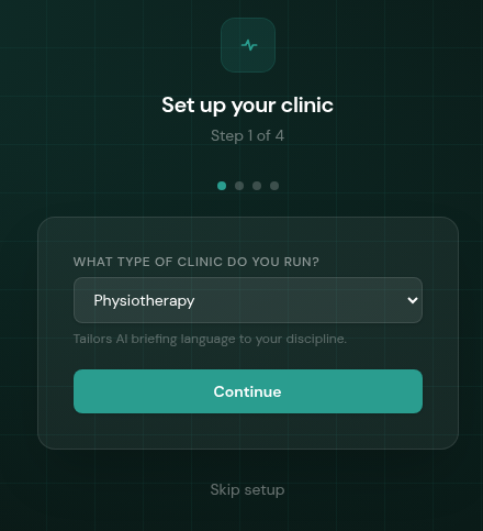 Onboarding Step 1: Clinic type selection showing the discipline dropdown set to Physiotherapy