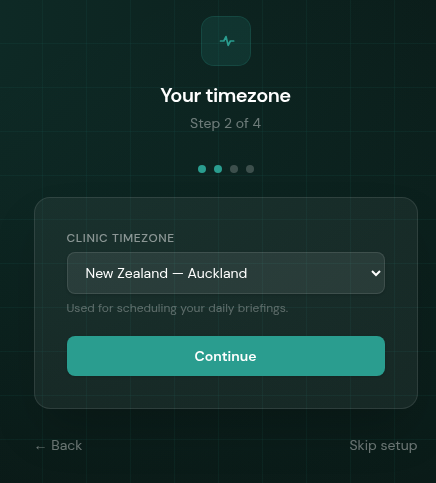 Onboarding Step 2: Timezone selection showing New Zealand, Auckland