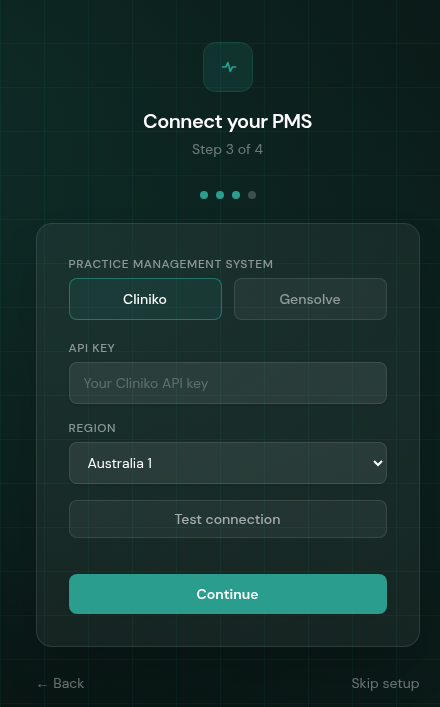 Onboarding Step 3: PMS connection showing Cliniko selected with API key and region fields