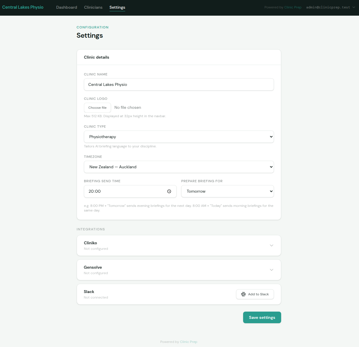 Settings page showing clinic details, briefing schedule, and integration cards for Cliniko, Gensolve, and Slack